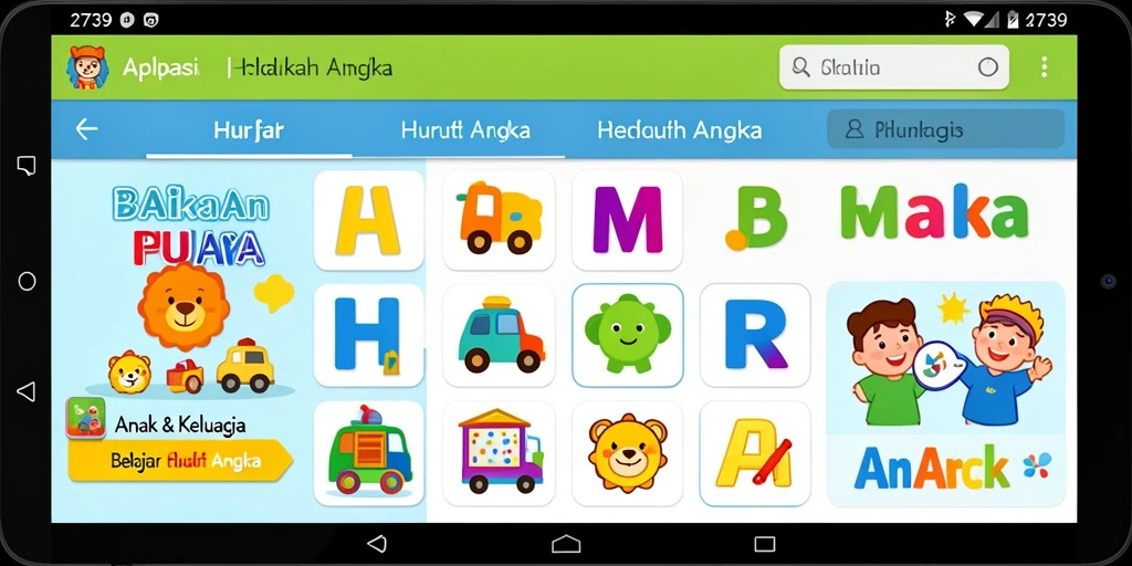 Antarmuka aplikasi Belajar Huruf Angka yang ceria dan interaktif.
