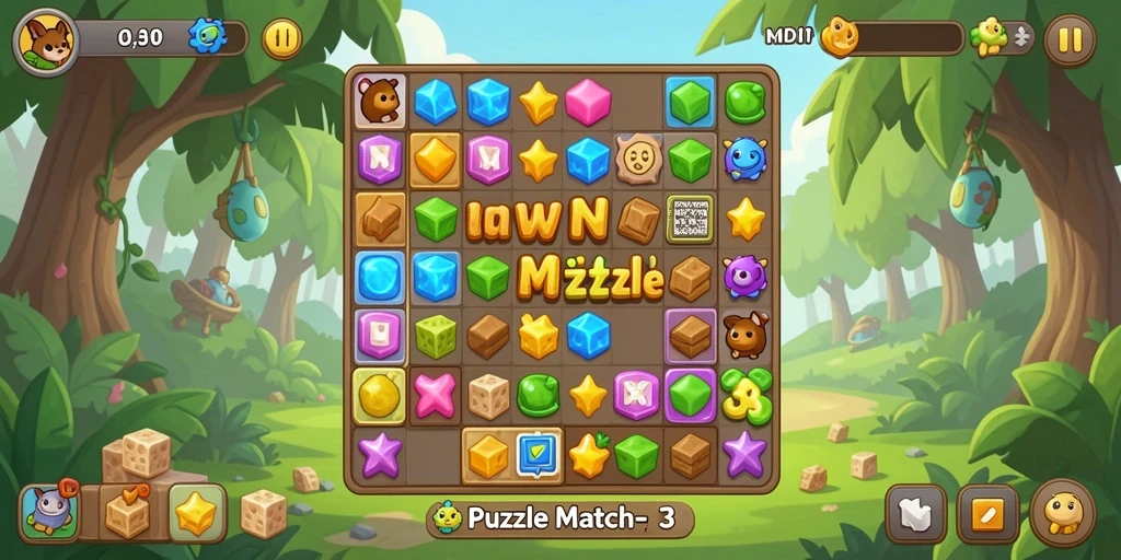 Antarmuka MNDUIT yang penuh warna dan menarik untuk permainan Puzzle Match-3.